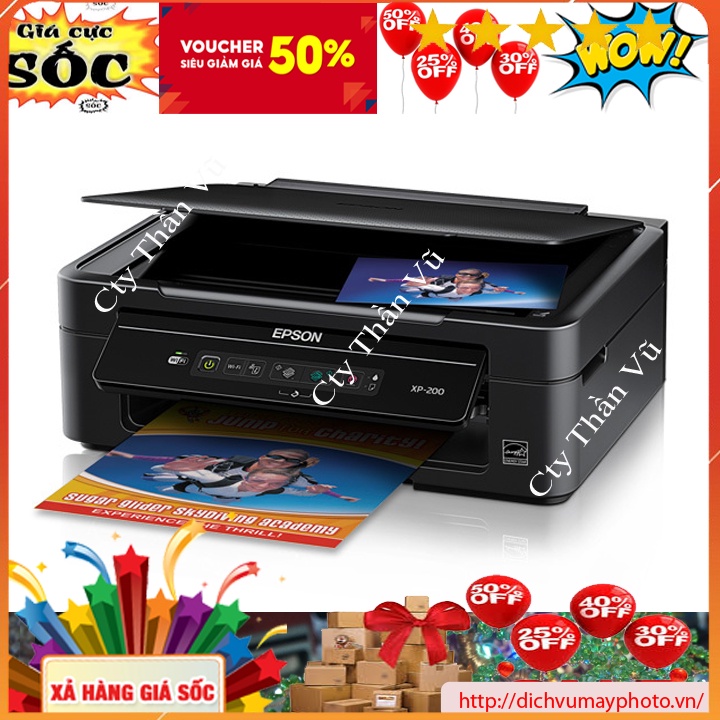 Máy in phun màu Epson XP-200 hàng mới 100% đa năng in wifi Scan copy bảo hành NOVADO