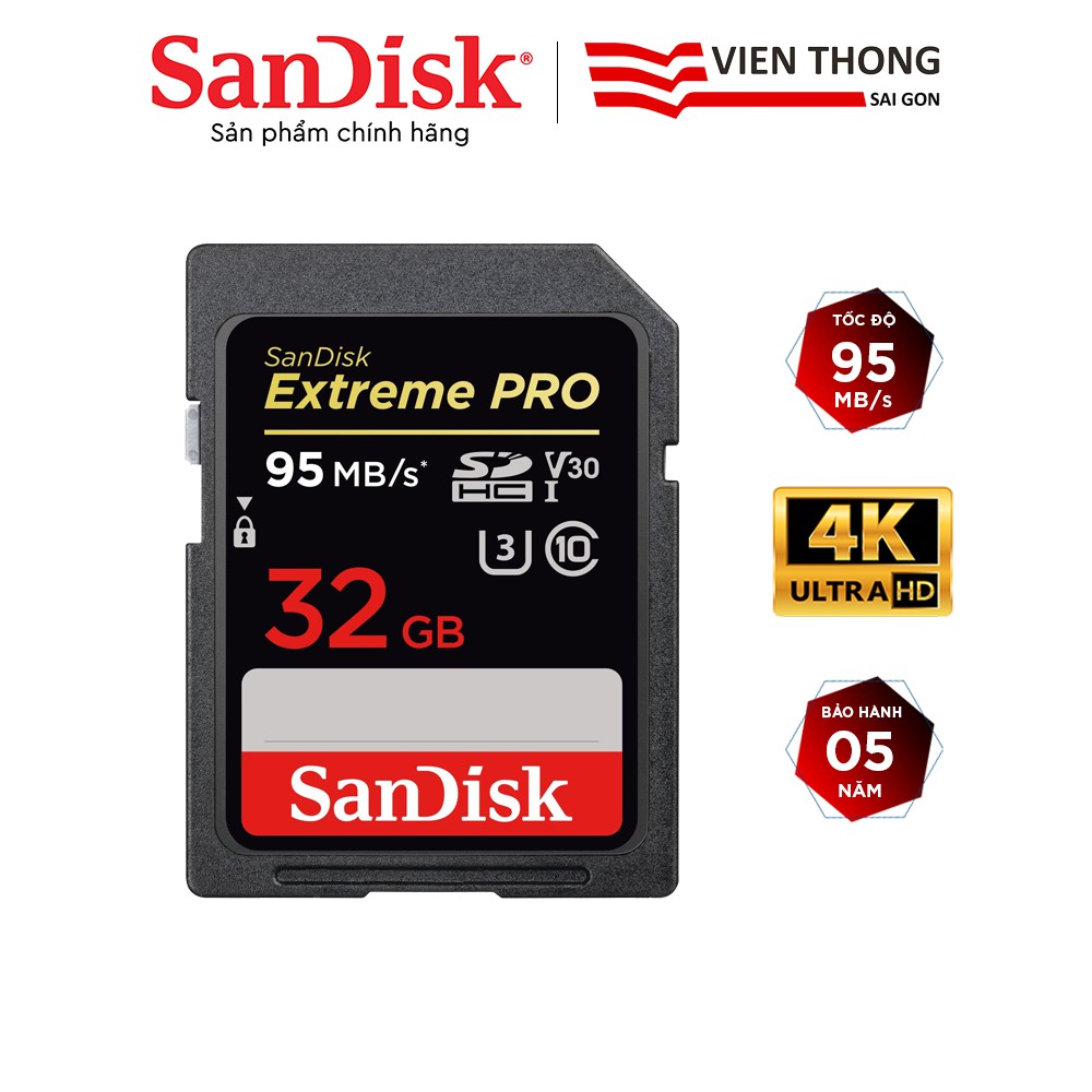 Thẻ nhớ SDHC SanDisk Extreme PRO 32GB UHS-I 4K UHD video U3 V30 tốc độ upto 95MB/s (SDSDXXG-032G-GN4IN)