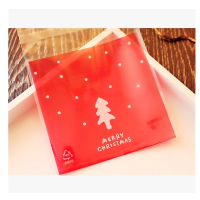 Set 10 túi kiếng dán đựng bánh cookie, quà tặng cây thông xanh, đỏ 10 x 10 cm