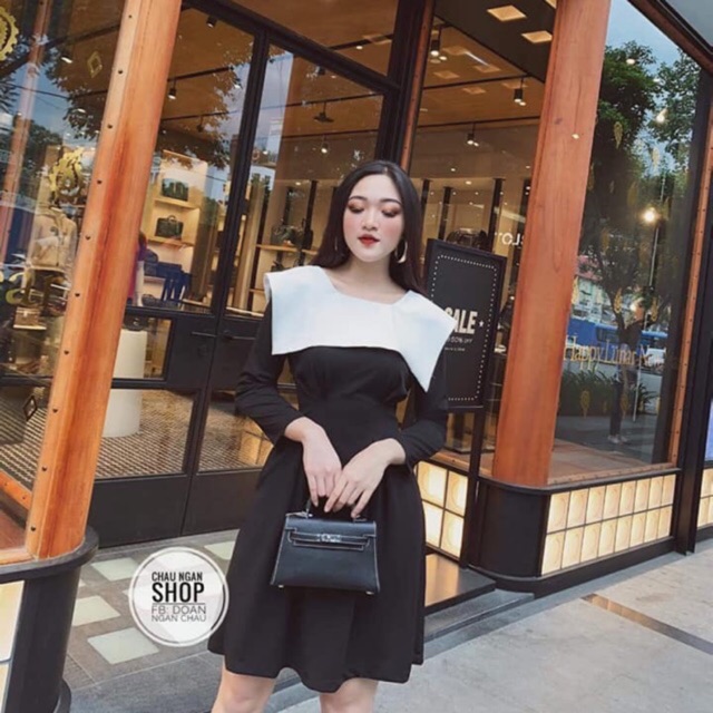 Đầm tiểu thư cổ vuông kaki mềm