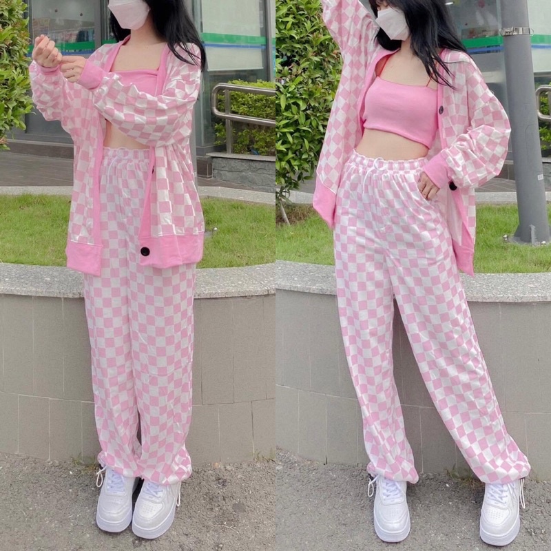 Quần Ống Suông Dây Rút Caro Unisex Ảnh Thật