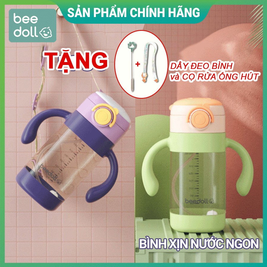 Bình tập uống nước BeeDoll cao cấp chất liệu PPSU 320ml cho bé dùng ở mọi tư thế chống sặc, Tặng kèm dây đeo + Cọ rửa