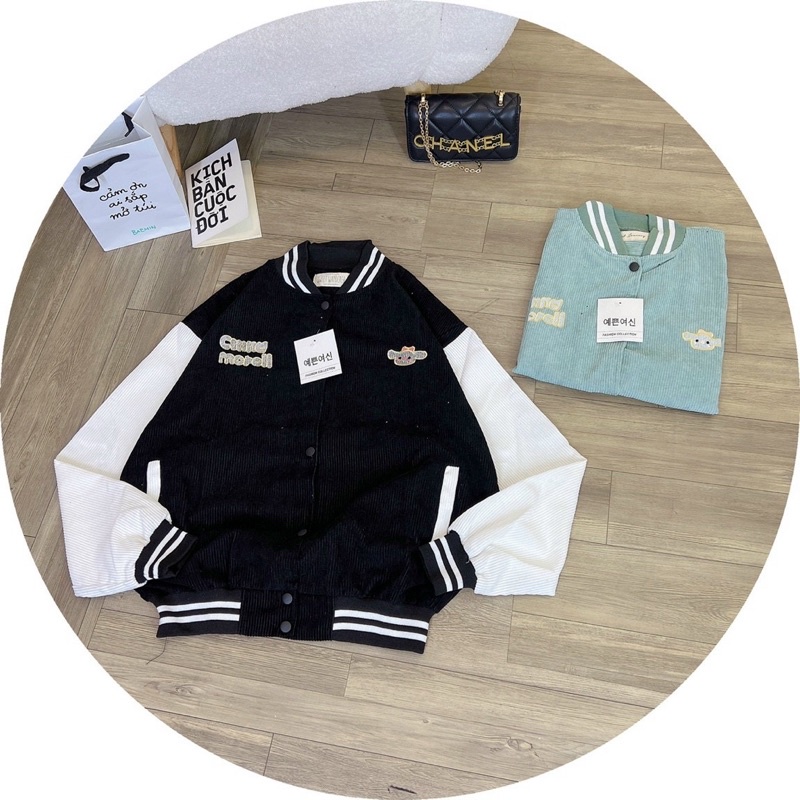 Áo khoác nhung tăm bomber nút bấm thêu