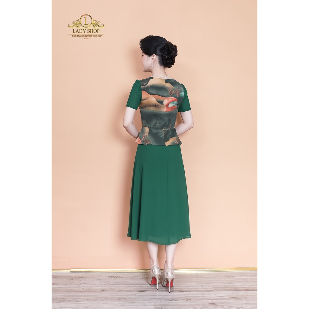 Đầm peplum lụa hoa sen phối voan Ladyshop thời trang trung niên cao cấp TK948