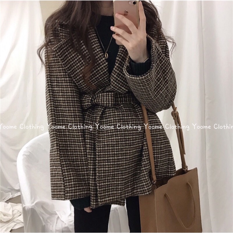 Áo khoác dạ kẻ kèm đai vintage 2 lớp có lót cho nữ Yoome clothing ( ảnh thật tại shop )