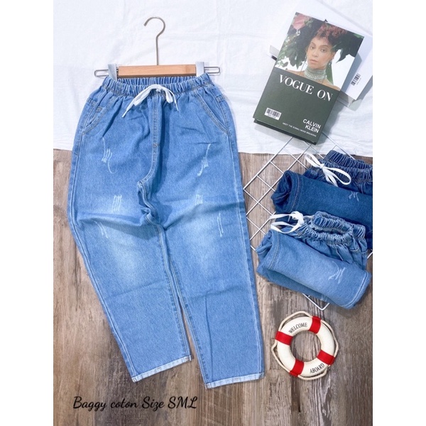 quần jean nữ cotton không giãn baggy lưng thun lai lật cào nhẹ