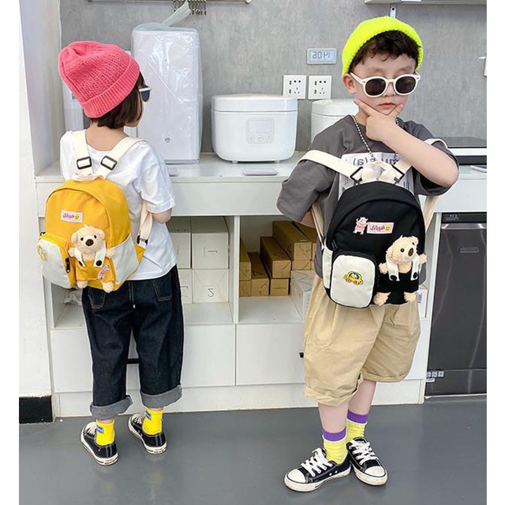 Balo cho bé đi học mầm non vải dù mềm, chống thấm nước kèm gấu size 24cm BALO-559