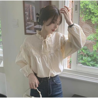 Áo sơ mi babydoll tay bồng Ulzzang cổ bèo buộc nơ cách điệu