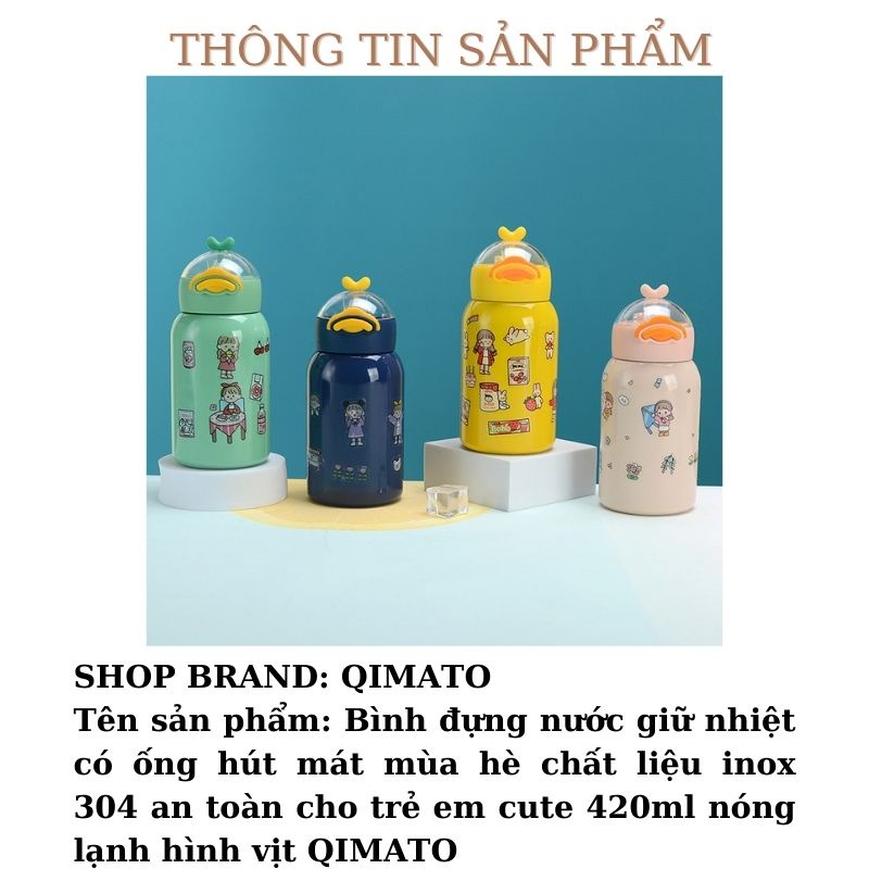 Bình đựng nước giữ nhiệt có ống hút chất liệu inox 304 an toàn cho trẻ em cute 420ml nóng lạnh hình vịt QIMATO