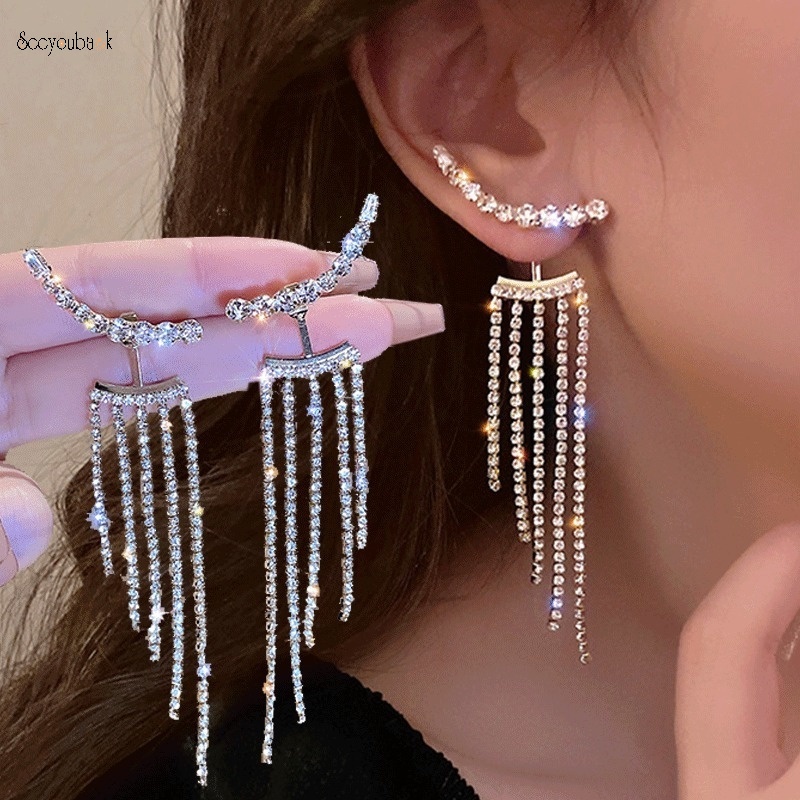 1 Đôi Bông Tai Dáng Dài Đính Đá Zircon Phối Tua Rua Kiểu Dáng Sang Trọng Thời Trang Cho Nữ