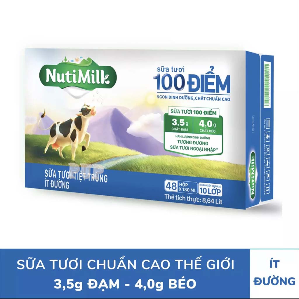 Lốc 4 Hộp Sữa Tươi Tiệt Trùng 100 Điểm Ít Đường Hộp 180ml PKPH