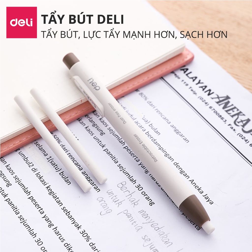 Tẩy chì 2B dạng bút bấm Deli - có bán lõi thay - Thân màu trắng nâu - EH01800/EH01912