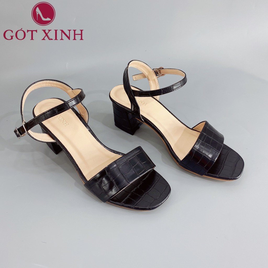 Sandal cao gót nữ GÓT XINH GD22 màu trắng quai ngang dập vân da rắn đế cao 5cm gót trụ vuông