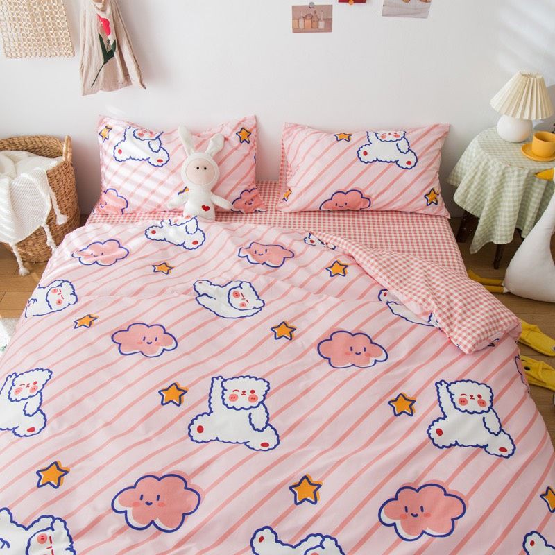 Bộ chăn ga gối cotton poly Gấu mây hồng