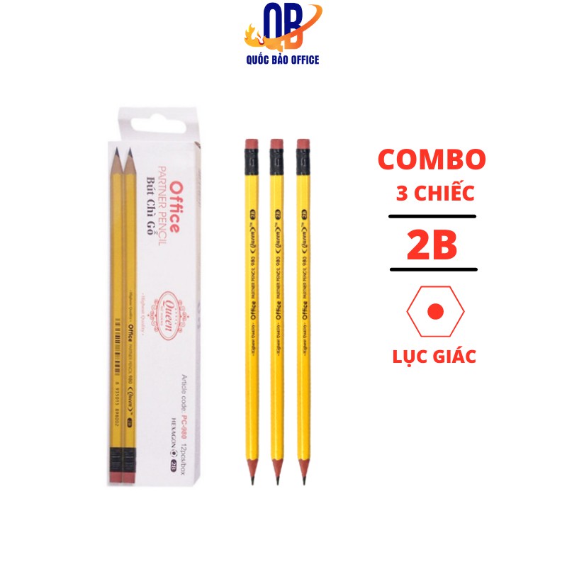 Combo 3 chiếc Bút chì Queen 2B - Viết chì gỗ có tẩy - PC980