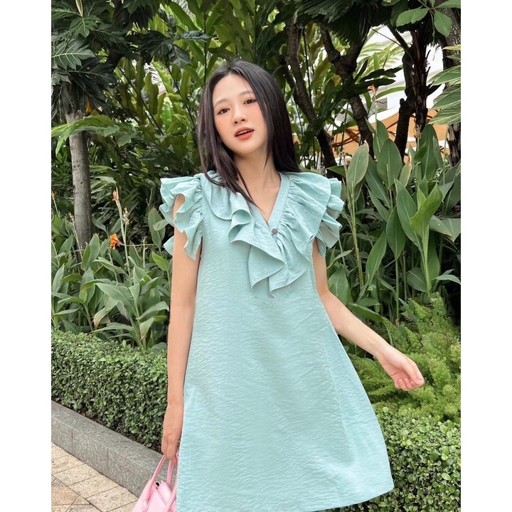 Váy nữ bèo cổ dáng babydoll [Linly Store] Đầm suông bánh bèo chất đũi V-VBE