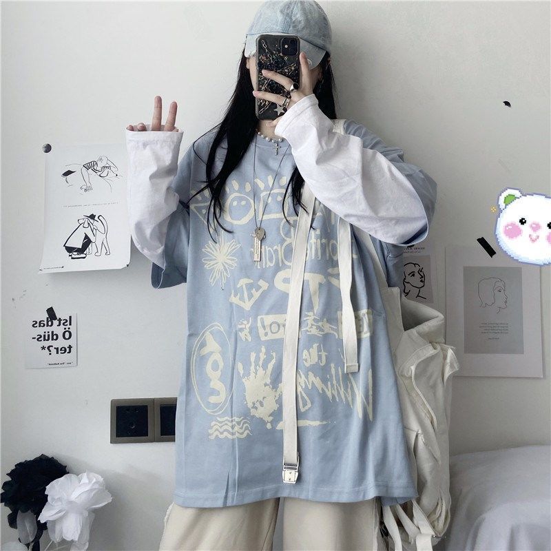 Áo Thun Nữ Tay Dài Giả Hai Lớp Phong Cách Hàn Quốc