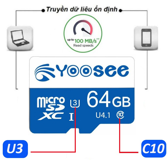 Thẻ nhớ Yoosee 64GB tốc độ cao up to 100MB/s hỗ trợ quay video full HD, video 2K, video 4K | BH 60 Tháng