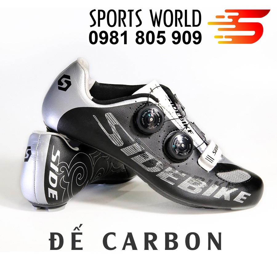 Giày can đạp xe, đế CARBON, 2 khóa vặn, dòng Road - SIDEBIKE SD-002-Bạc