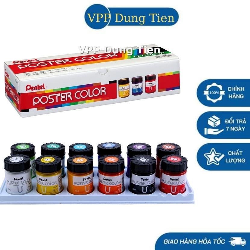 Bộ Màu Nước, Màu Poster Color Pentel 12 màu WPU2-12 Lọ Thủy Tinh 30ml/, Lọ Nhựa 12ml- CHÍNH HÃNG