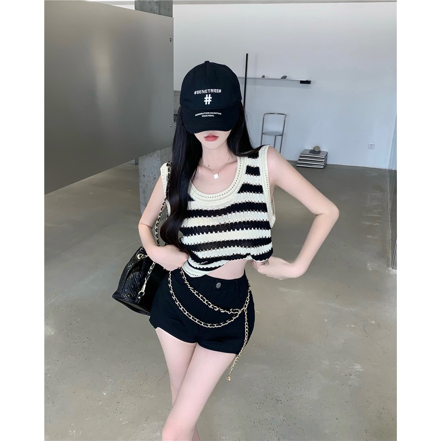 LALISAS Áo Len Không Tay Họa Tiết Kẻ Sọc Thời Trang Hàn Quốc Dễ Phối Đồ Cho Nữ