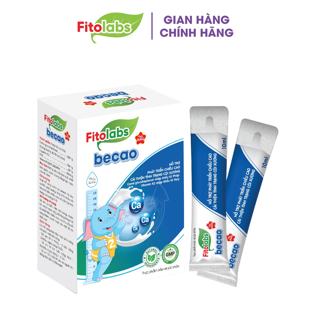 Canxi Cho Bé Fitolabs Becao Bổ Sung Calci, Vitamin K2 Giúp Tăng Chiều Cao, Cải Thiện Còi Xương Hộp 20 Gói Uống FITO8