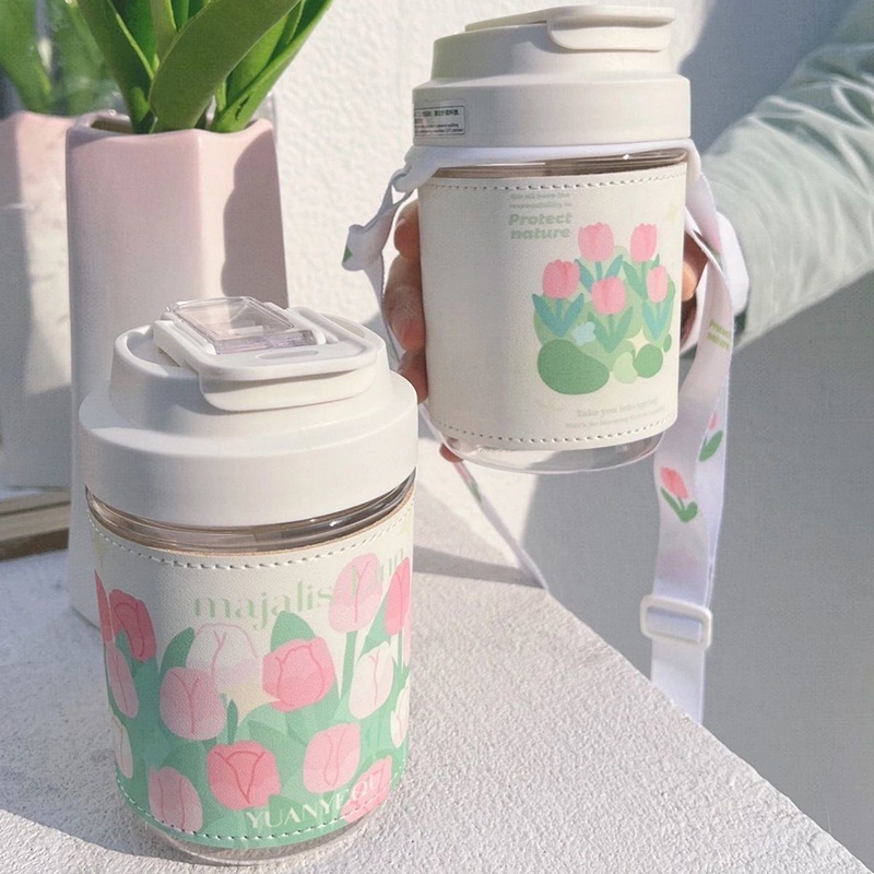 Bình Nước Thủy Tinh Dung Tích Lớn 400/500ML Họa Tiết Hoa Tulip Dễ Thương