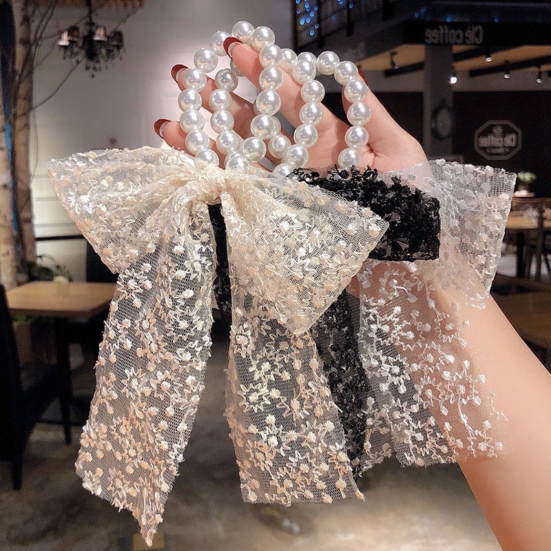 Dây buộc tóc cột tóc nơ ren cho nữ phong cách bánh bèo đính hạt châu cao cấp