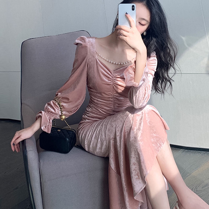 Đầm Nhung Đuôi Cá Dáng Ôm Phong Cách Vintage Mùa Thu 2021 Cho Nữ
