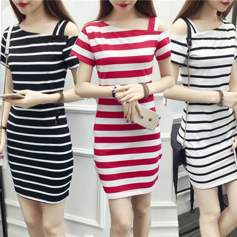 Đầm Thun Dài Tay Ngắn Hở Vai Họa Tiết Sọc Thời Trang Dành Cho Nữ