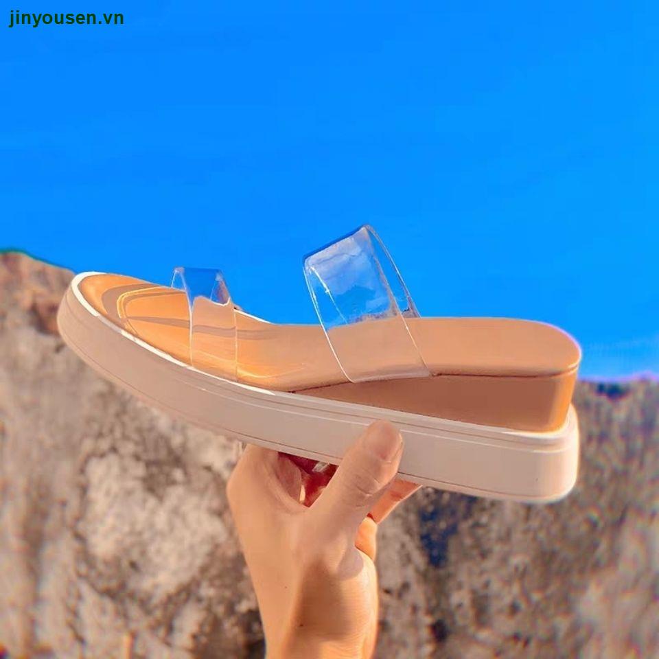 Dép sandal cao gót đế dày tăng chiều cao cao trong suốt thời trang mùa hè phối thoải mái cho nữ