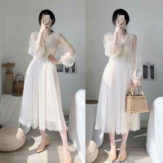 Váy ren công chúa ren cúc bọc sale