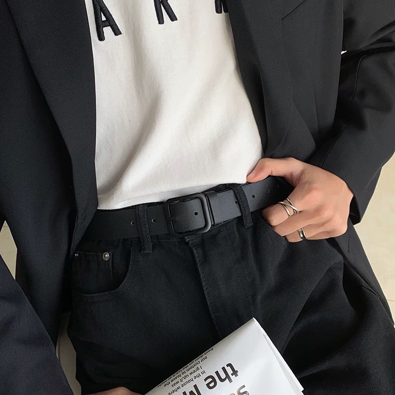 Thắt lưng Nam nữ Unisex vuông mặt Đen TLN011 - Dây nịt mặt vuông bản to 3cm cá tính full đen học sinh - Thắt Lưng tre