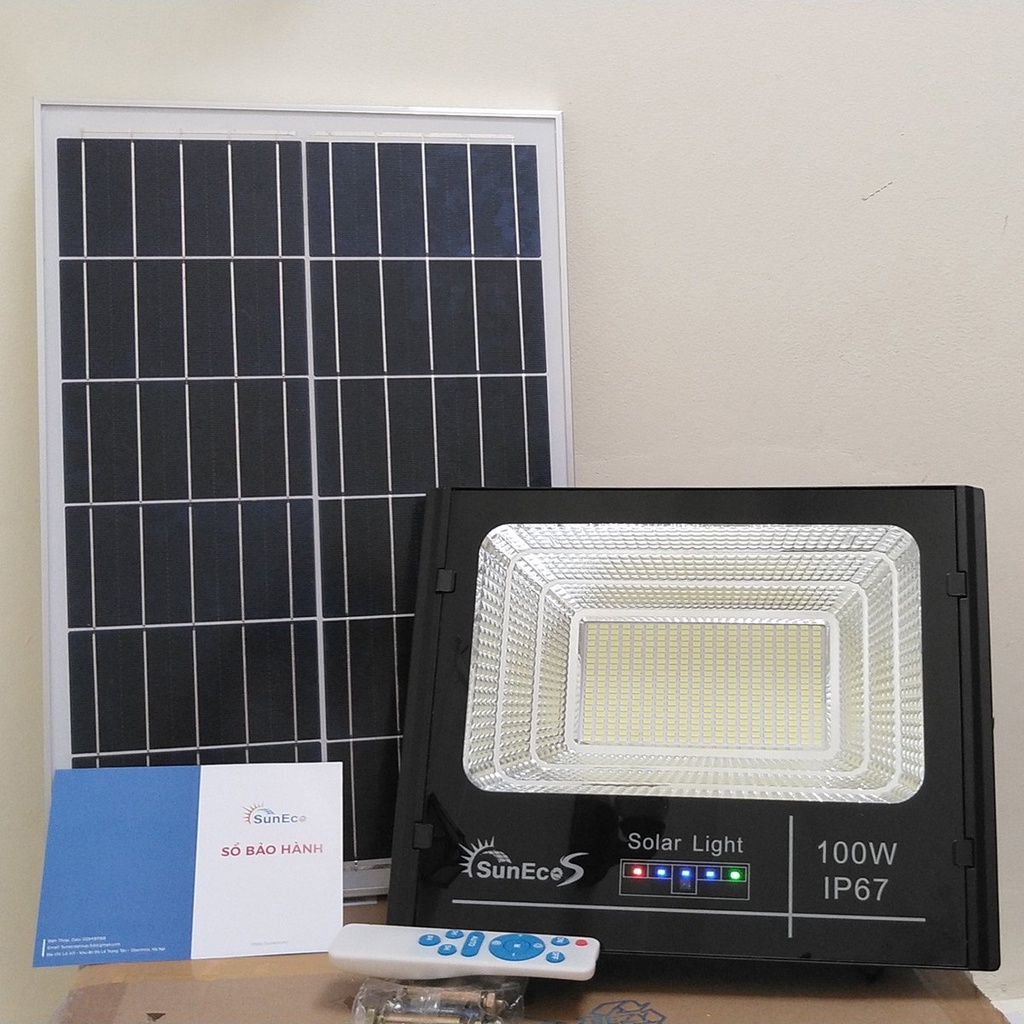 Đèn pha led năng lượng mặt trời 100W Suneco tuỳ chọn tấm pin, đèn năng lượng mặt trời có đèn báo dung lượng pin
