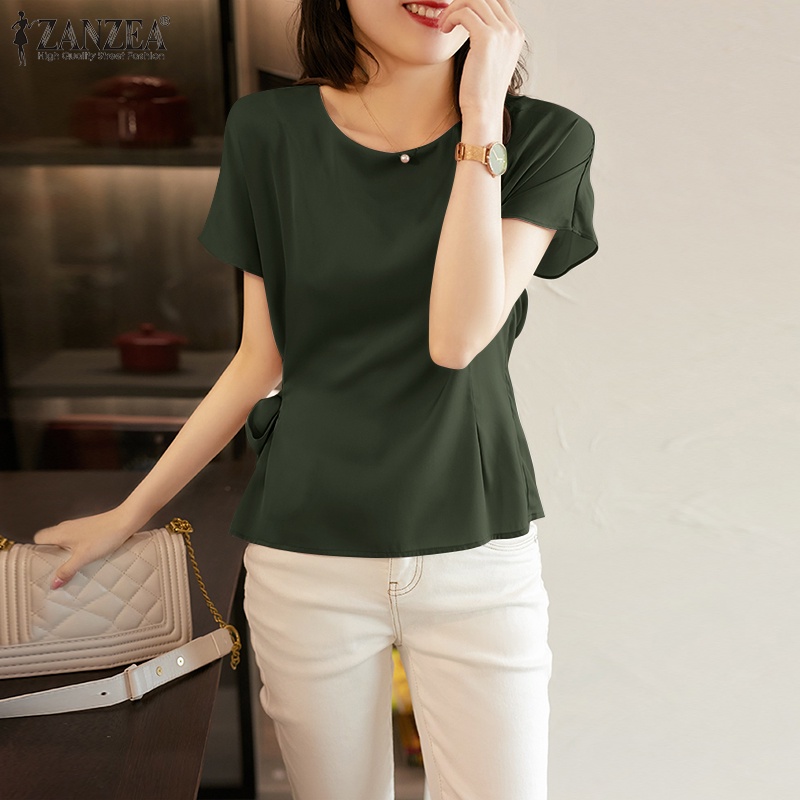 Áo kiểu ZANZEA ngắn tay vải satin màu trơn thời trang cho nữ