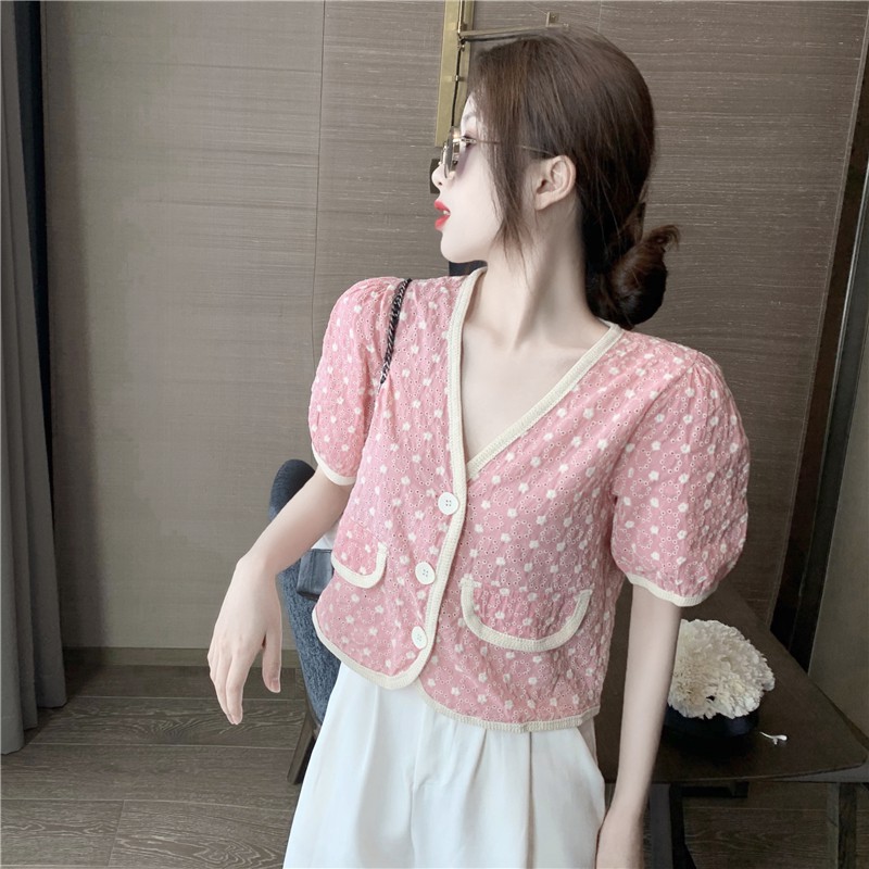 Vintage Crochet Hollow Hong Kong Flavor V-neck Short Sleeve Top