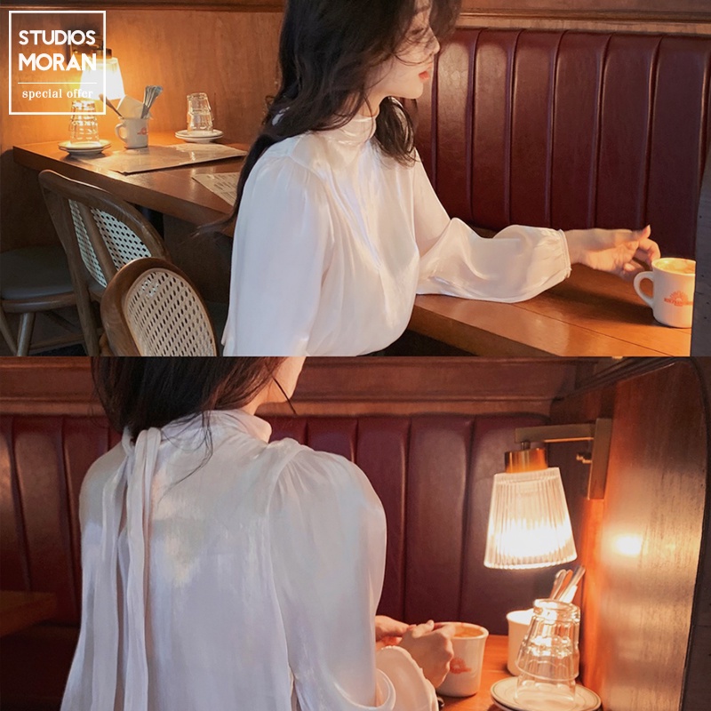 Áo sơ mi nữ MORAN vải voan bóng, cổ thắt nơ sang trọng tiểu thư style Hàn Quốc