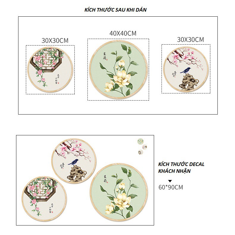 [SỈ] Decal dán tường 3D ⚡ FREESHIP ⚡ Khung tròn Hoa và chim thủy mặc AmyShop