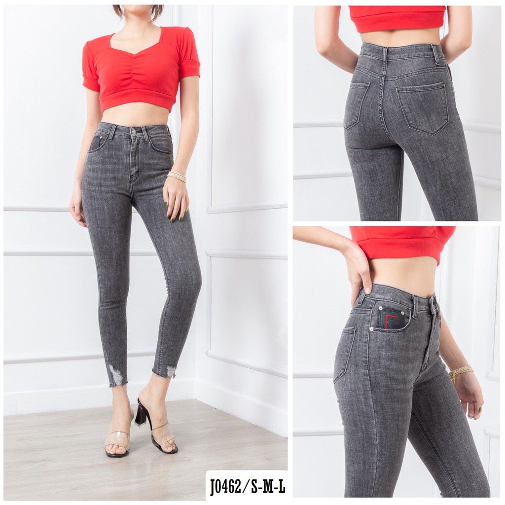 Quần Jean Skinny Nữ Màu Xám Lai Rách Lưng Siêu Cao Tôn Dáng Và Thời Trang J0462