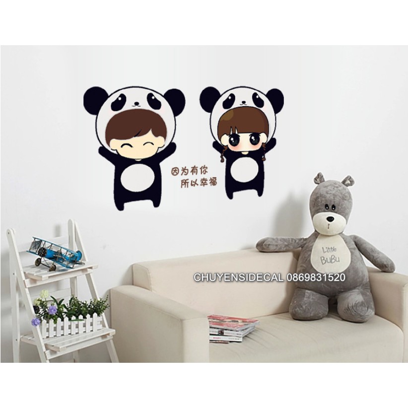 Decal trang trí tường - Cô Cậu Gấu Trúc Đen đáng yêu