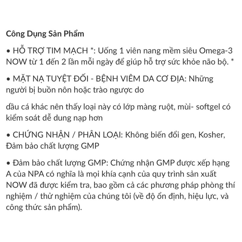 NOW ULTRA OMEGA-3 500 EPA/250 DHA Viên uống bổ sung Omega 3, hỗ trợ tim mạch và trí não 180 viên