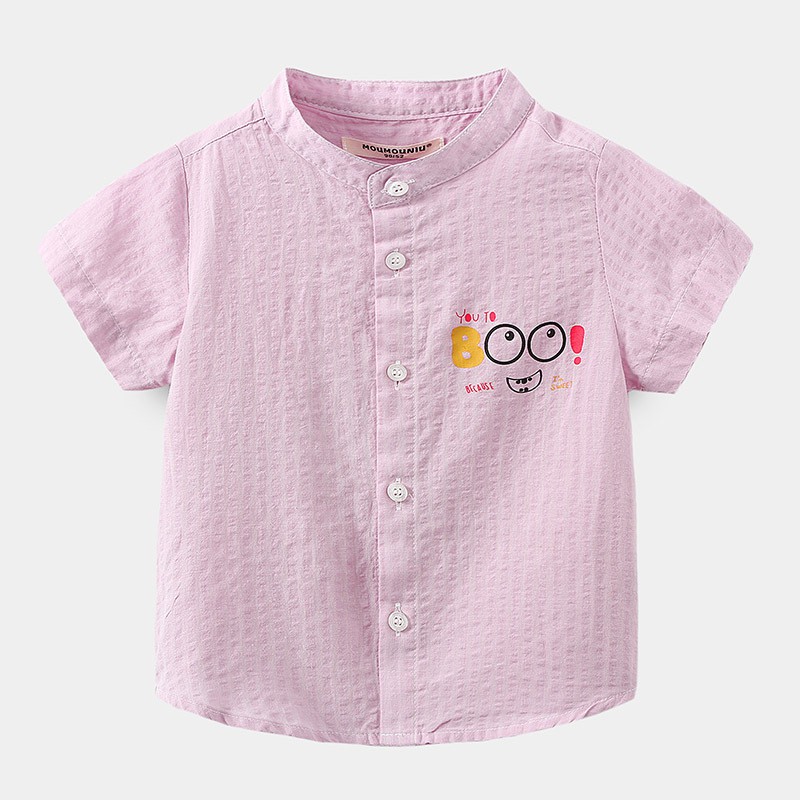 Áo sơ mi cổ tàu cho bé WELLKIDS áo sơ mi cộc tay họa tiết hoạt hình chất cotton hàng xuất Âu Mỹ