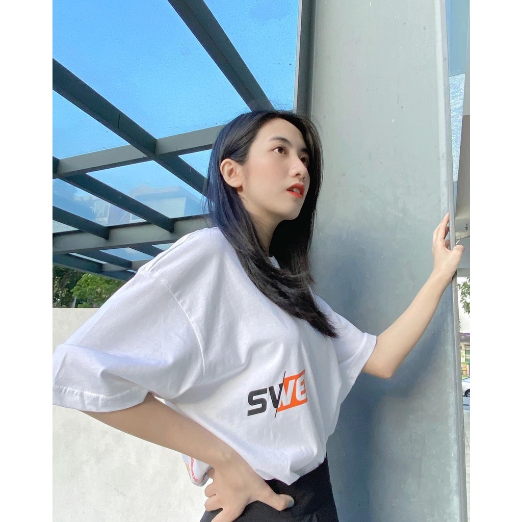 Áo thun tay lỡ SWE LOGOS XANH LÁ ĐẬM, Áo thun unisex nam nữ form rộng oversize chất liệu Cotton Thái