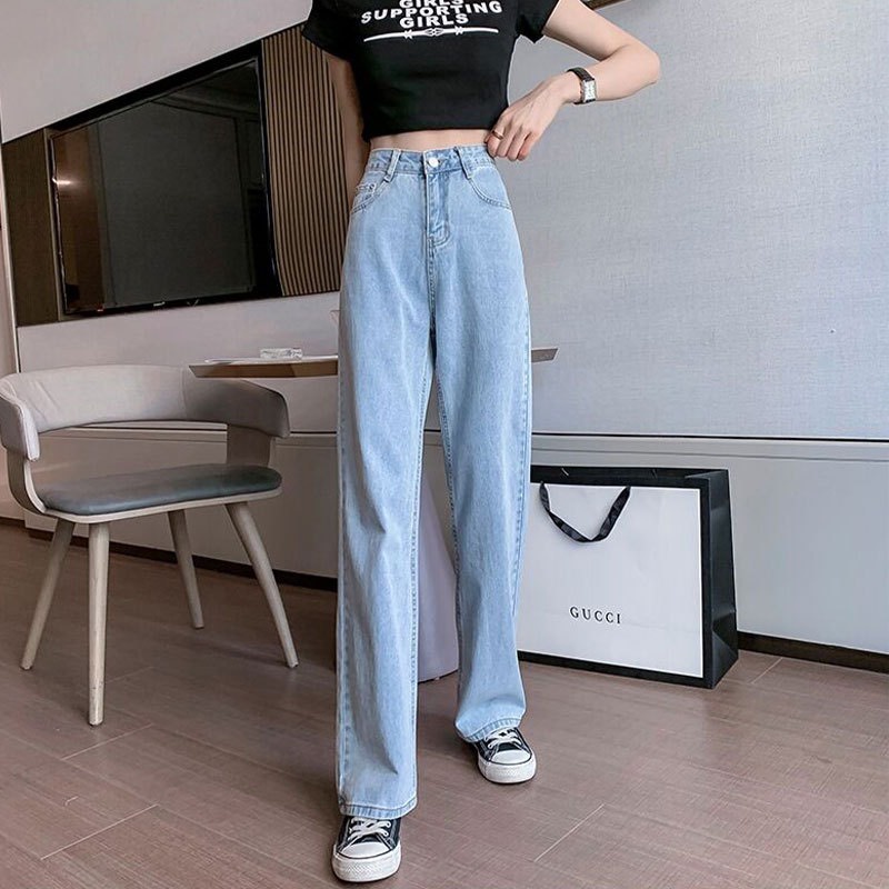 Quần Bò Nữ Dáng Suông Ống Rộng Quần Jean Nữ Cotton Ống Rộng Lưng Cao Co Giãn 4 Chiều