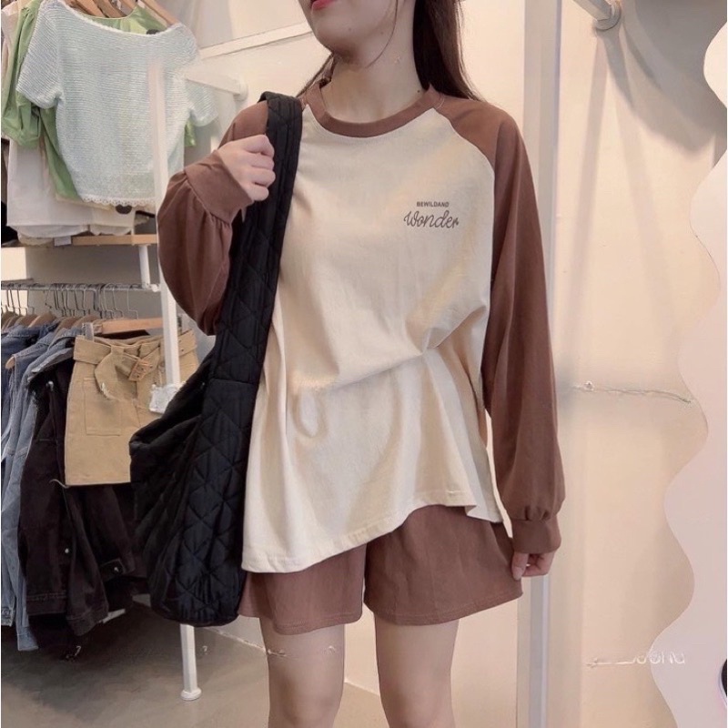 Bộ Áo Thun Pha Tay Thu Đông Kèm Quần Đùi Unisex 🦋 Set Quần Áo Dài Tay Dáng Thể Thao 3 Màu Ullzzang🦋