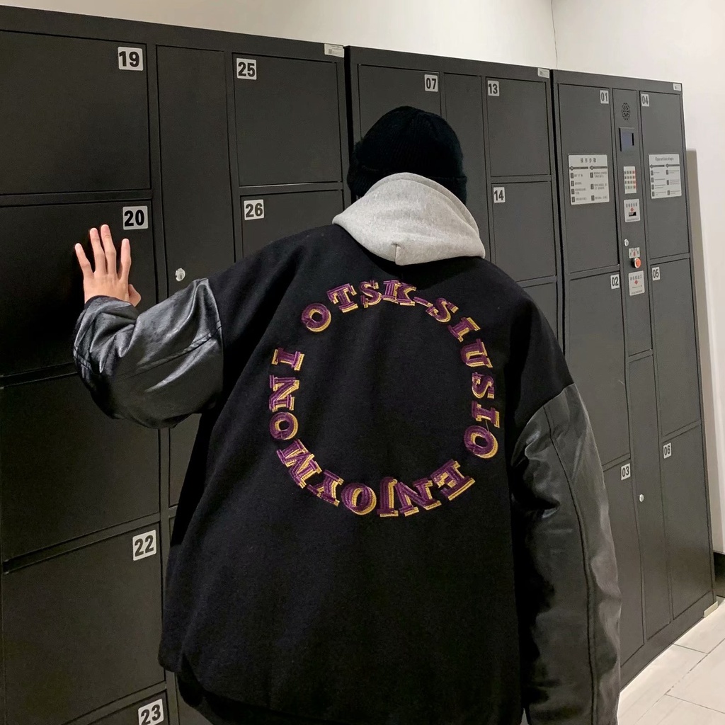 Áo khoác bomber da PU phong cách Hàn Quốc năng động thời trang dành cho nam