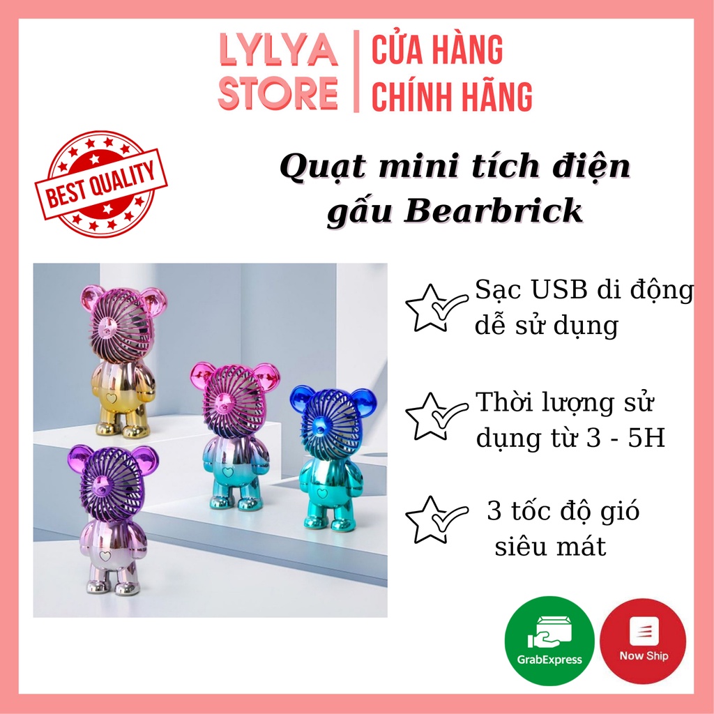 Quạt mini tích điện cầm tay hình gấu Bearbrick siêu dễ thương có cổng sạc USB Lylya Store Lylya Store