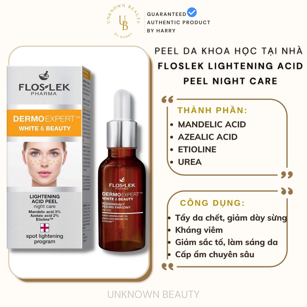 TẨY TẾ BÀO CHẾT, LÀM SÁNG DA, MỜ ĐỐM NÂU FLOSLEK DERMO EXPERT WHITE &amp; BEAUTY LIGHTENING ACID PEEL NIGHT CARE (30ml)