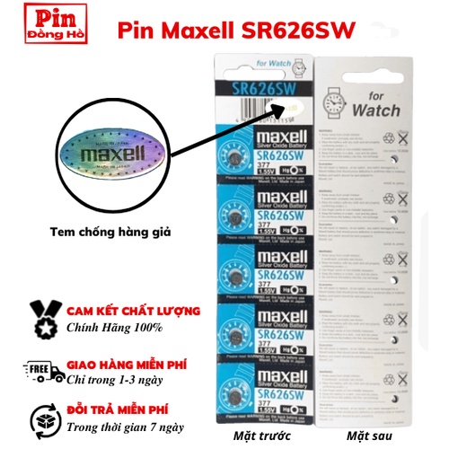 Pin 626 Maxell SR626SW vỉ xanh 1 vỉ 5 viên. Pin sr626 dùng cho đồng hồ đeo tay, thiết bị điện tử, đồ chơi,...