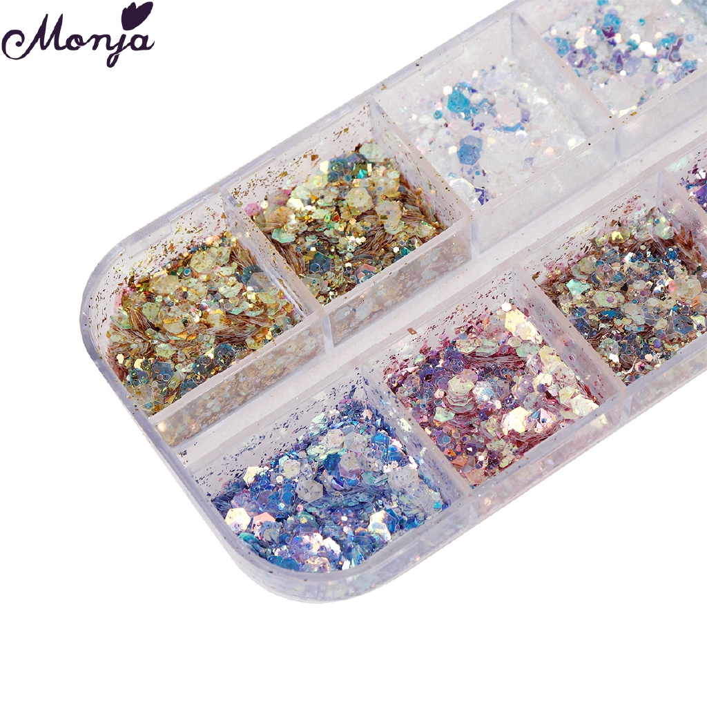 MONJA Hộp sequin hình lục giác 12 ngăn dùng để trang trí móng nghệ thuật